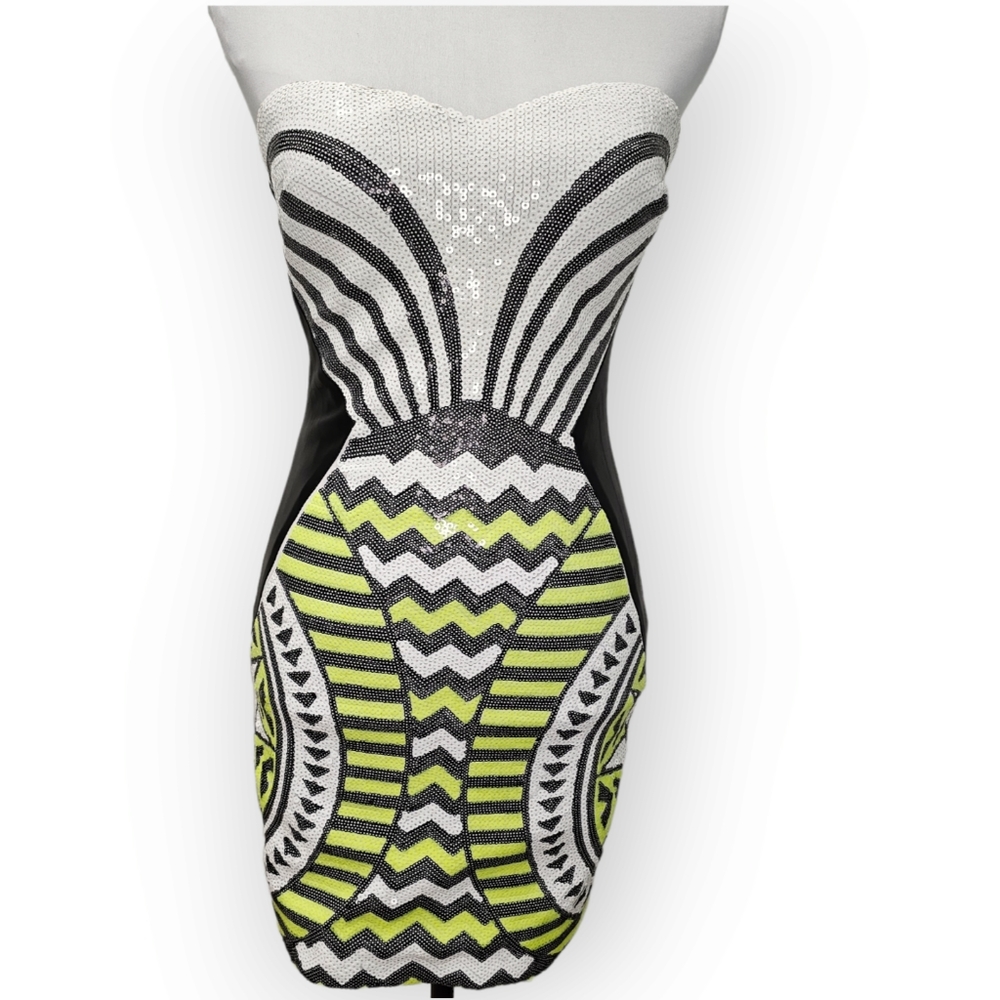 Bebe Sequin Bodycon Dress Strapless 90s Vibe Art Deco Print Size XS